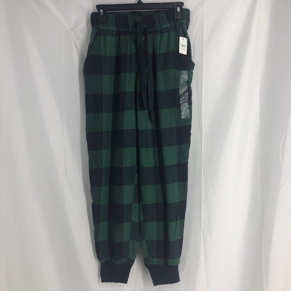 Womens Green Navy Plaid Flannel Joggers Sleep Pants Pajama Bottoms XS
